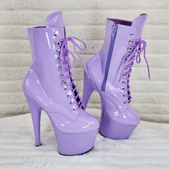 Lavender Lilac Purple Patent Platform 7" Heel Lace Up Ankle Boots - Picture 1 of 13